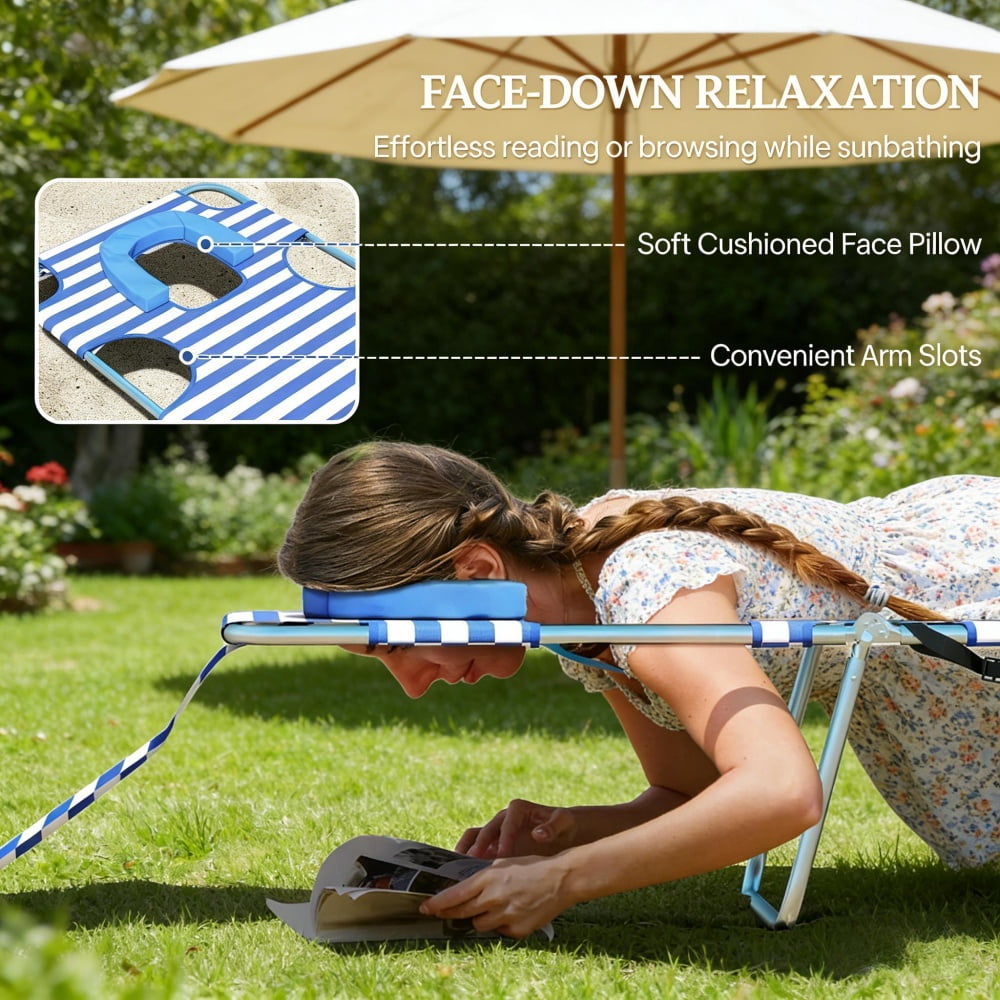 Outdoor Folding Sun Lounger 5-Position Adjustable Backrest Face Cavity & Arm Slots with Side Pocket Carry Strap Breathable Oxford Fabric Lounge Chair for Beach Pool Patio