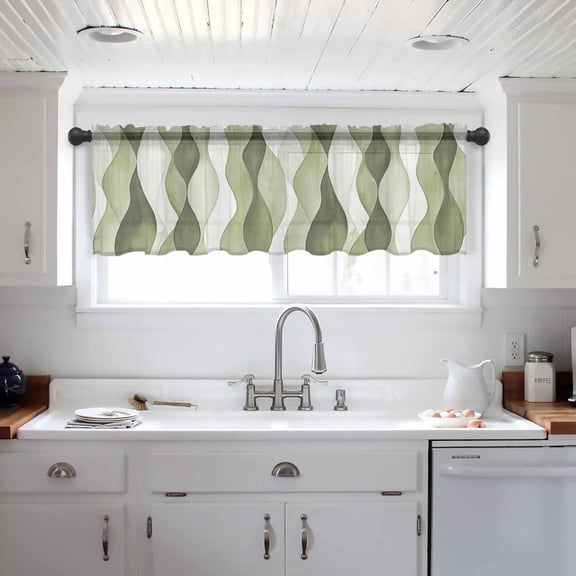 Sage Green Stripes Valance Curtains for Kitchen/Living Room/Bathroom/Bedroom Window, Retro Farmhouse Abstract Ripple Rod Pocket Small Topper Half Short Window Curtains Voile Sheer Scarf 42"x18"