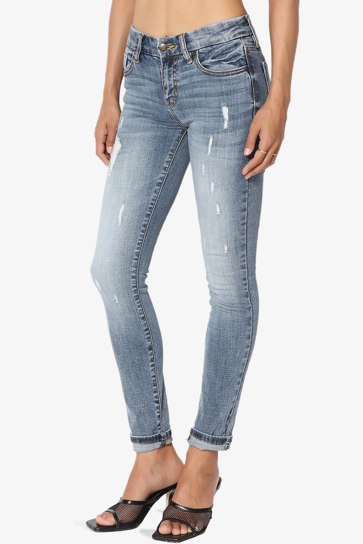 TheMogan Women's 0~3X Roll Up Mid Rise Med Vintage Wash Tencel Denim Skinny Jeans - image 3 of 7