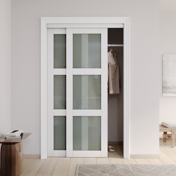 48" x 80" Assembled White Prefinished 3-Lite Tempered Frosted Glass Sliding Door With Hardware Kit