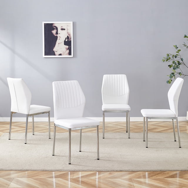 Luxury Simple Chair - Set of 4 White PU Material High Resilience Dining Chair with Metal Silver Leg.The Chair Back Has a Vertical Stripe Design With Smooth And Uniform Lines.