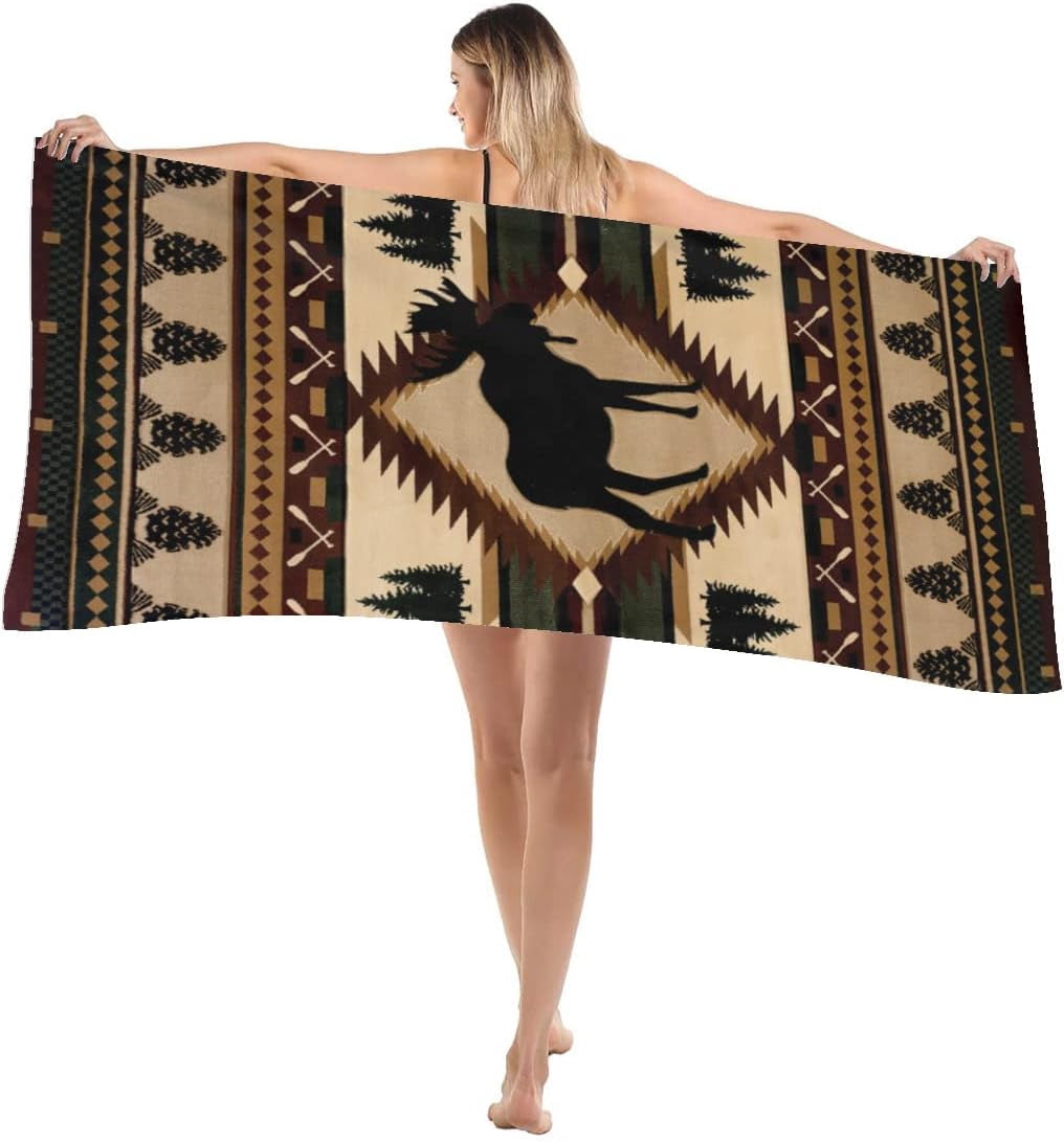 Retro Rustic Beach Towel, Moose Deer Bear Leaf Tree Country Style Farmhouse Microfiber Ultra Soft Quick Dry Highly Absorbent Bath Towels for Beach Party Outdoor Travel Swim Pool Yoga 33x52 Inch