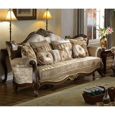 French Beige Chenille Cherry Carved Wood Sofa McFerran SF8700 Traditioanal