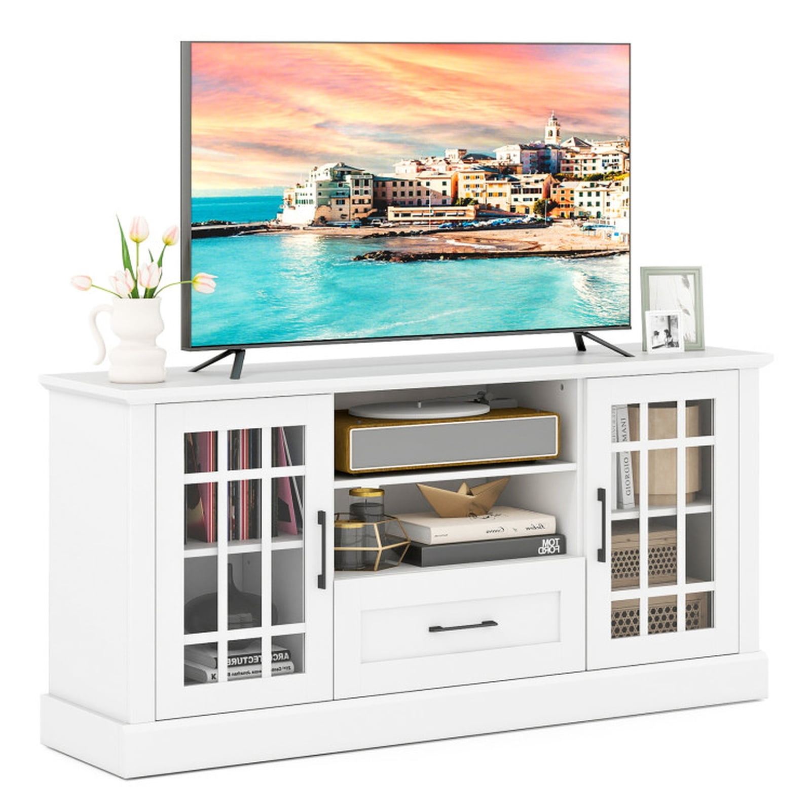 Furnibear TV Stand Entertainment Center for TVs up to 70 Inch with Tempered Glass Doors Cubbies and Drawer for Living Room Media Storage, White