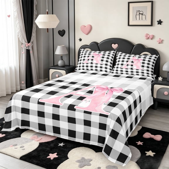 Manfei Monogrammed A Design Bed Sheets,Geometric Grid Print Full Size Sheets,4-Piece,1 Flat Sheet,1 Fitted Sheet and 2 Pillowcases