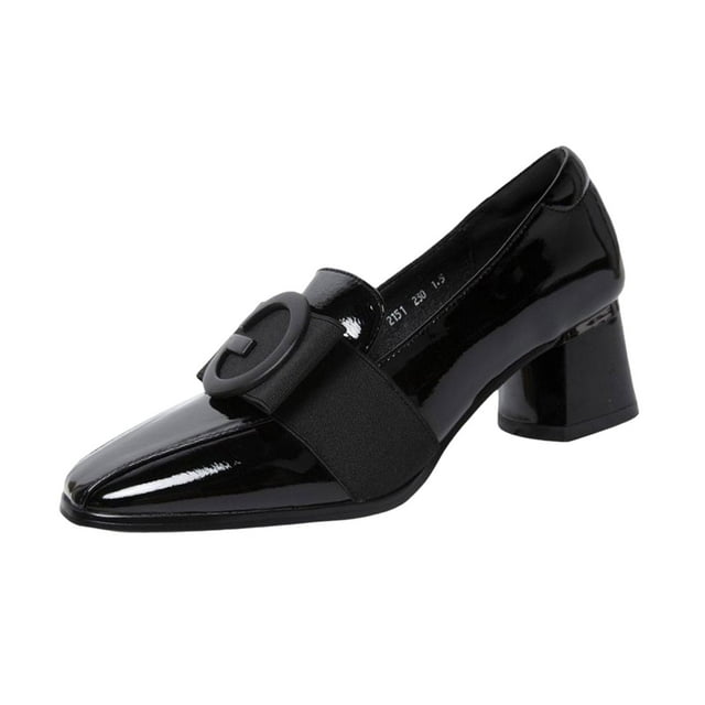 Zapatos elegantes de tacón bajo y grueso para mujer, zapatos de vestir con punta cuadrada, zapatos de tacón de cuero informales para boda, fiesta, Negro Yinane Mujer tacón bajo