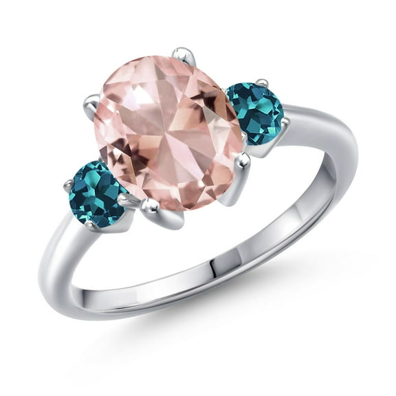 Gem Stone King 2.98 Ct Oval Peach Nano Morganite London Blue Topaz 925 Sterling Silver Ring (Size 7)