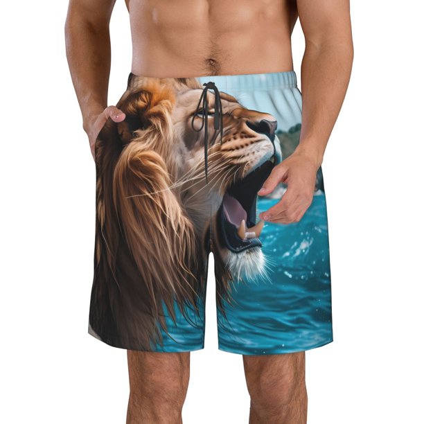 Balery Ice Blue Coastal Lion Traje de Baño Estilo Hawaiano para Hombre, Shorts de Secado Rápido con Bolsillos-Large