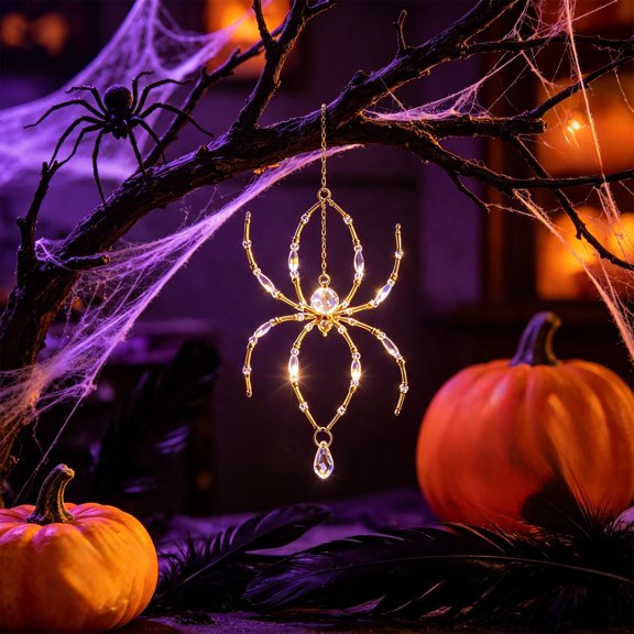 OutmaxHome Sparkly Beaded Spider Wall Hanging Ornament, Metal Frame Suncatcher with Shiny Crystal Beads And Hanging Chain, Decor Pendant for Window, Wall, Halloween Party Home Styling