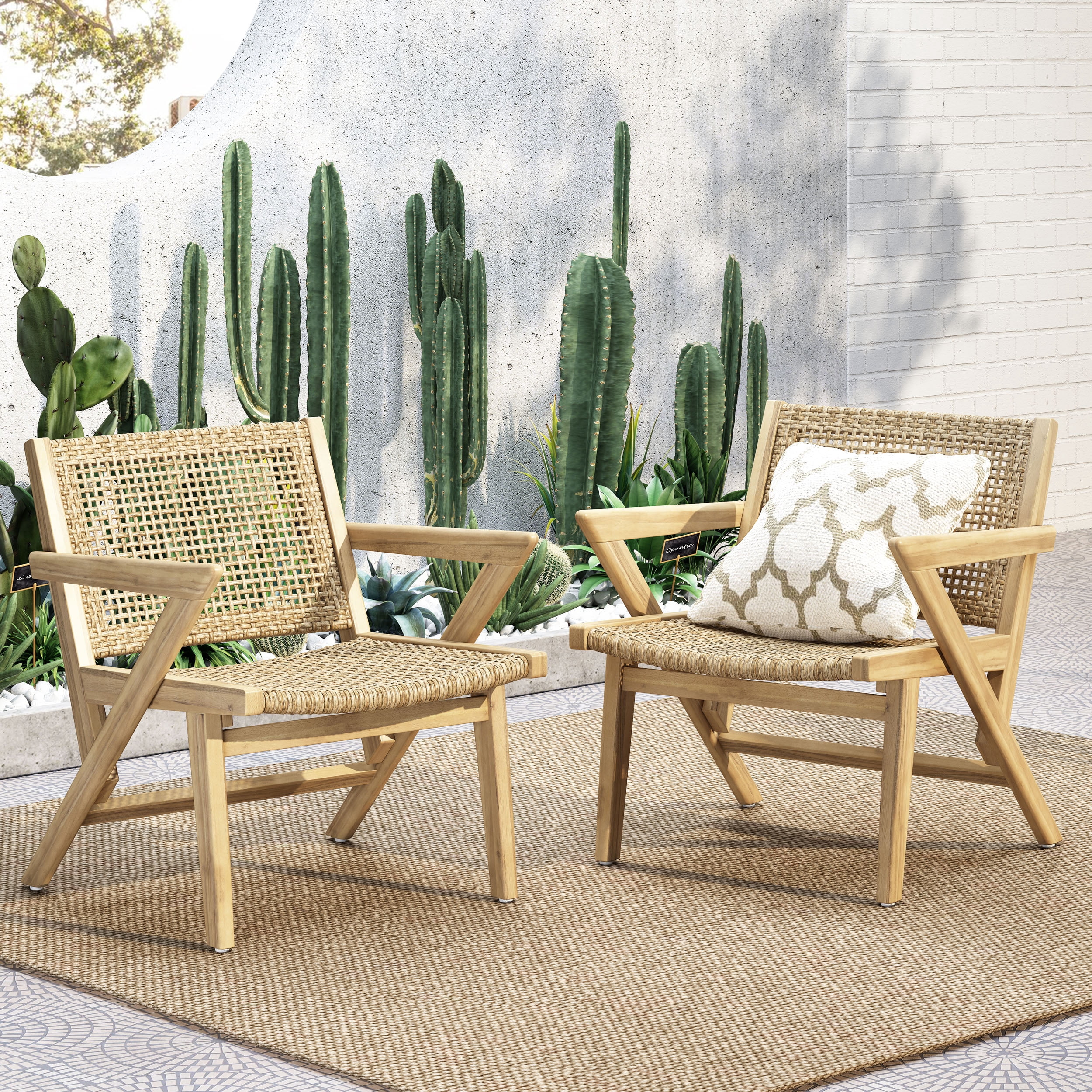 Outdoor Single Leisure Chair Set of 2, Wicker Frame Seats for Patio Garden, Light Brown