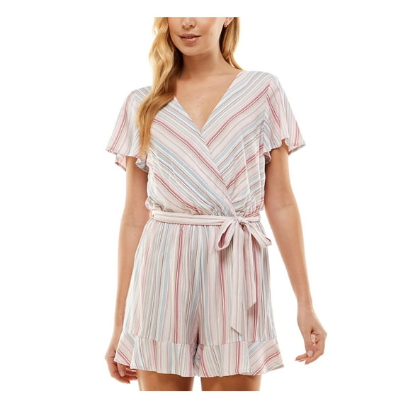 BEBOP Womens Pink Ruffled Pull-on Self-tie Belt Striped Flutter Sleeve Surplice Neckline Wide Leg Romper Juniors S