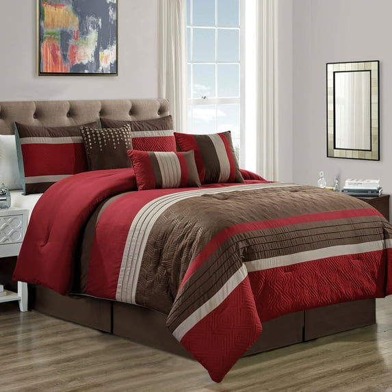 HGMart Bedding Comforter Set Bed In A Bag - 7 Piece Luxury Striped Microfiber Bedding Sets - Oversized Bedroom Comforters, King Size, Edsel Burgundy