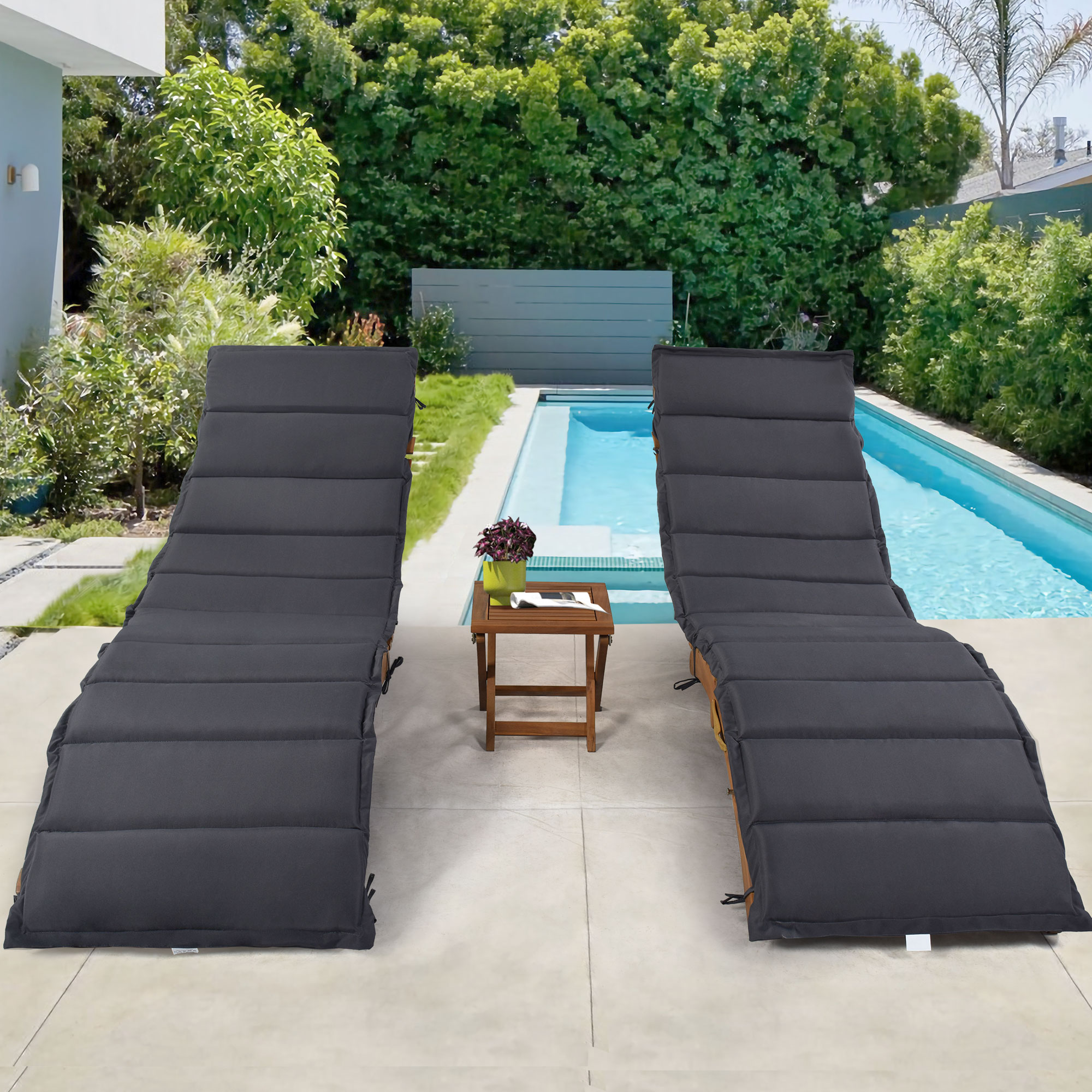 ENYOPRO Patio Lounge Chairs Set of 3, Outdoor Wood Portable Chaise Lounge Chairs with Foldable Tea Table and Cushions, Fit for Pool Porch Backyard Patio, Brown Finish + Dark Gray Cushion, K2702 - image 2 of 8