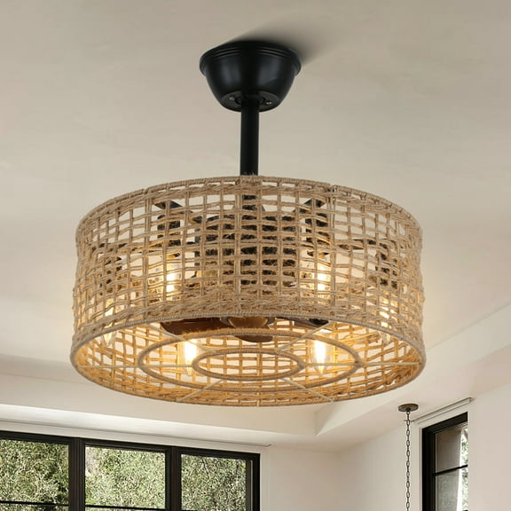 18" Caged Ceiling Fan with Light Remote Control Boho Rattan Lighting Fixture 8 Reversible Blades 3 Speeds for Farmhouse Lighting