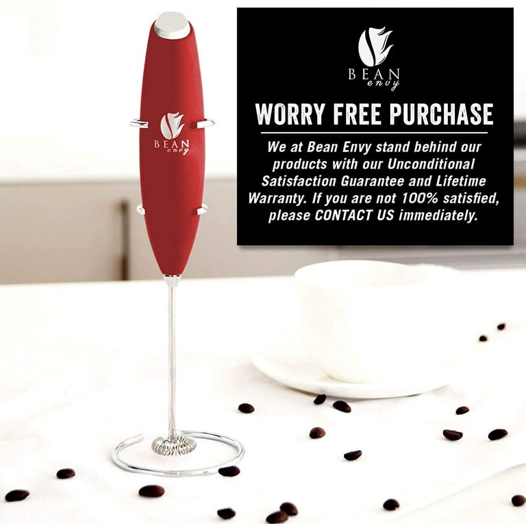 Bean Envy Milk Frother for Coffee - Handheld, Foamer & Frother with Stand,  Red 