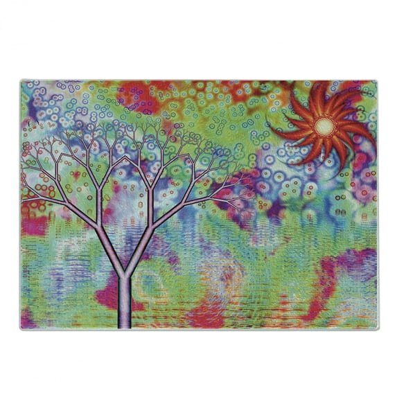 Psychedelic Cutting Board, Digital Fractal Landscape by Lake Tree Abstract Surreal Illustration, Decorative Tempered Glass Cutting and Serving Board, Small Size, Multicolor, by Ambesonne