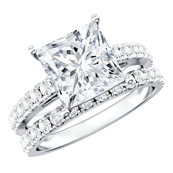Rosec Jewels Lab Grown Diamond Wedding Engagement Ring Set - IGI Certified - 5 Carat Princess Cut Engagement Ring with Enhancer, 925 Sterling Silver, US 4.00