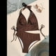 thumbnail image 4 of Conjuntos de Bikini para Mujer, de Cintura Alta, Acanalados, con Cuello Halter y Cordón Fruncido, de Dos Piezas. Color Café XL, 4 of 10