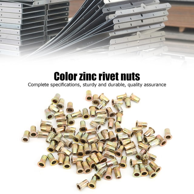 100Pcs Rivet Nut Assortment SetM3 M4 M5 M6,Color Zinc Flat Head Rivet Nuts,Hardware Accessories,Carbon Steel,for Various Metal Plates, Fastening Pipes And Other Manufacturing