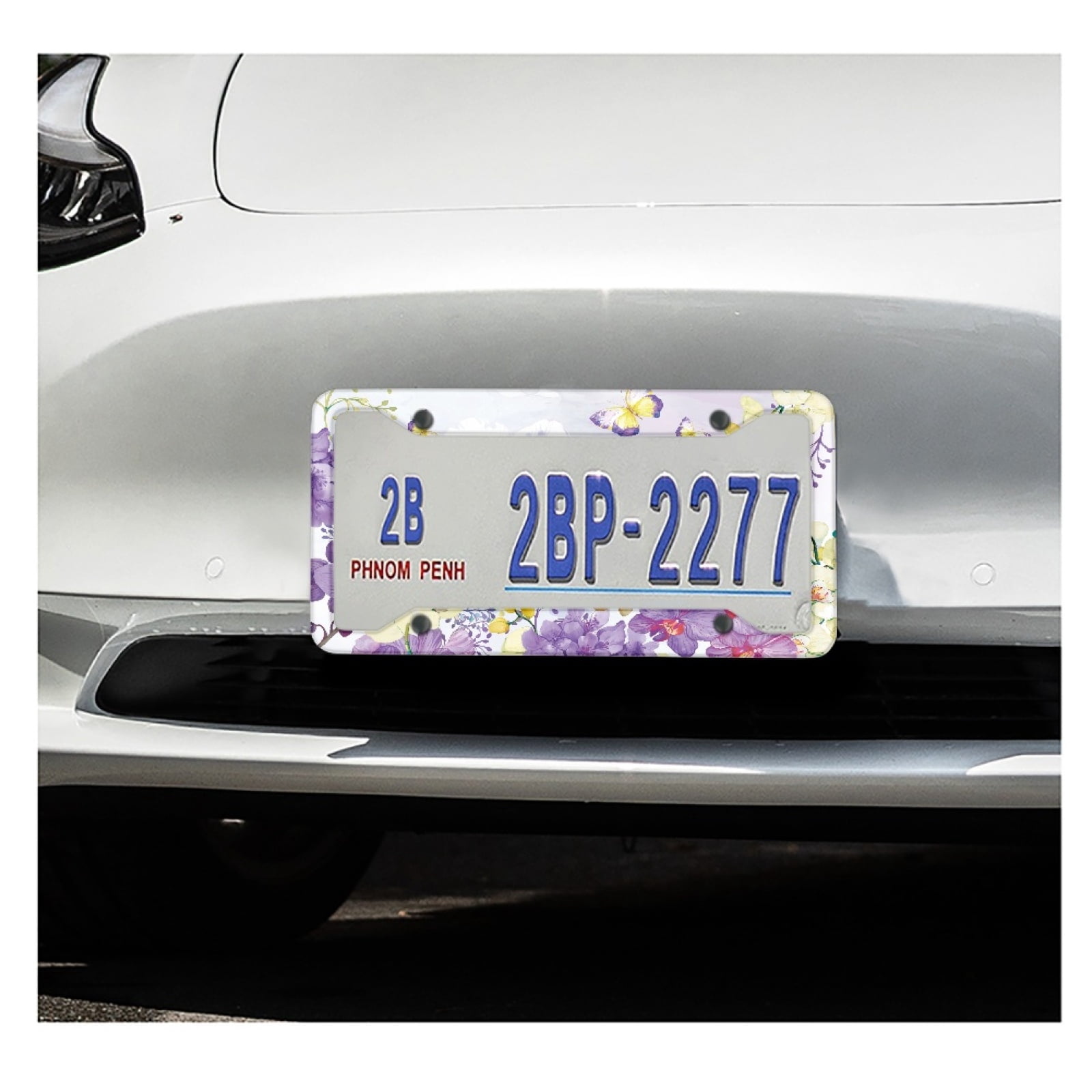 Renewold Butterfly Flower Violet Auto License Plates Frame for Car Sedans Truck Vans, Novelty Metal Automotive License Plate Frames Vanity Tag for Women Men, 2 Pieces