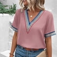 thumbnail image 5 of Scyoekwg Summer Short Sleeve T Shirts for Women Crochet Lace Trim V Neck Casual Shirts Trendy Solid Color Loose Comfy Blouses (Pink,XL), 5 of 7