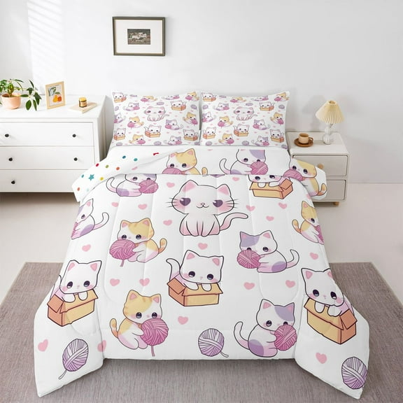 Homewish Kawaii Purple Kitten Bedding Comforter Set, Cartoon Cat Lover Twin Comforter Sets, Teens Kids Boys Girls Reversible Bedding Set, Ultra Soft Bedroom Decor, 2-Piece