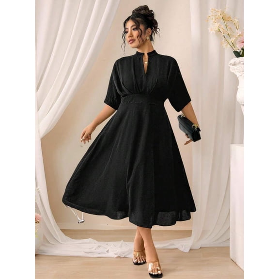 Black Plus Size Women Elegant Office Dress With Pleated Skirt, Elastic Waist, V-Neck And Short Sleeves