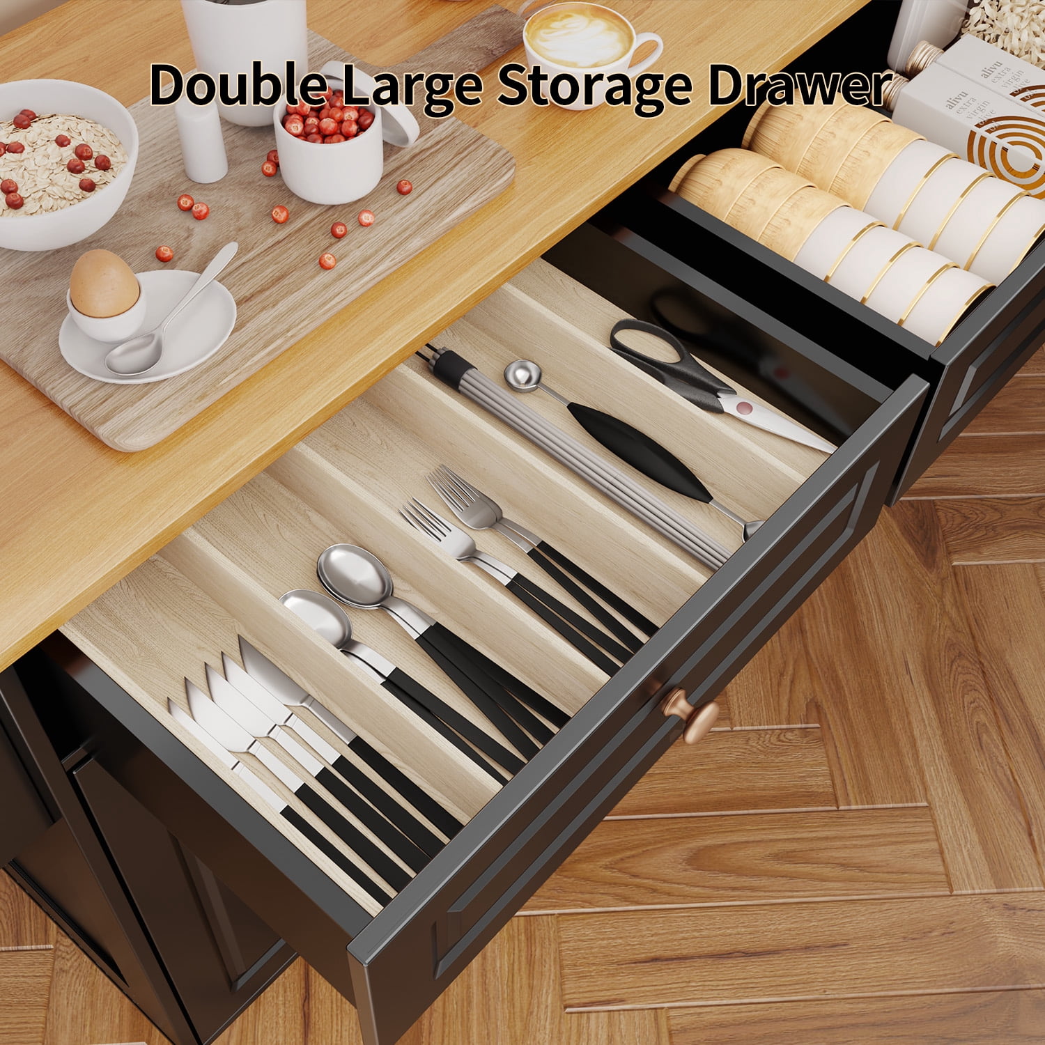 Kitchen Island with Storage, Lofka Kitchen Island Cart with Drop Leaf, for Dining Room|Living Room, Black