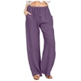 thumbnail image 1 of Pantalones casuales de lino con cintura ancha y cordón largo para mujer - Pantalones elásticos de cintura alta y pierna ancha en color liso, 1 of 6
