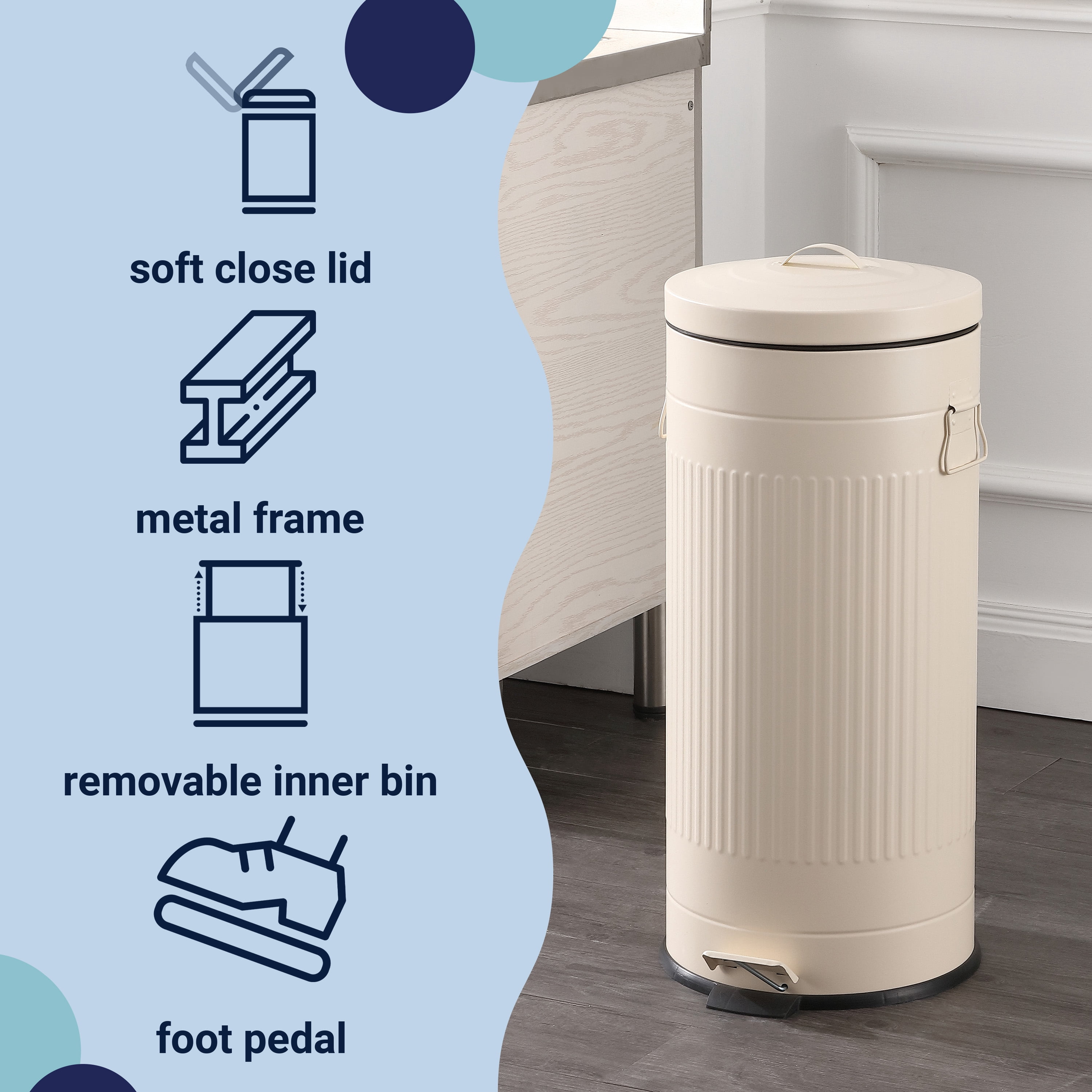 happimess Theo Retro 8-Gallon Step Trash Can with Soft-Close Lid and FREE Mini Trash Can, Limestone Beige, HPM1018C