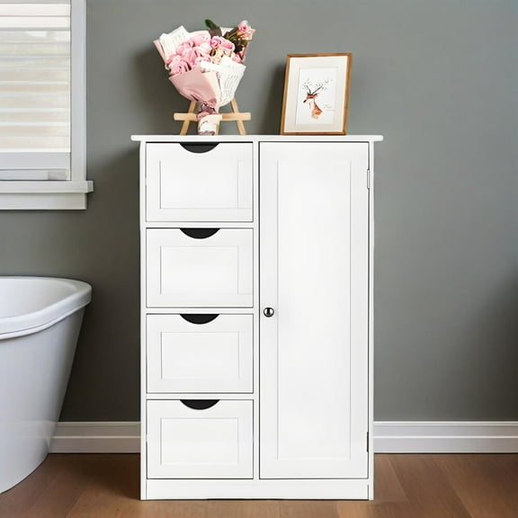 Single Door Bathroom Storage Cabinet with 4 Drawers White