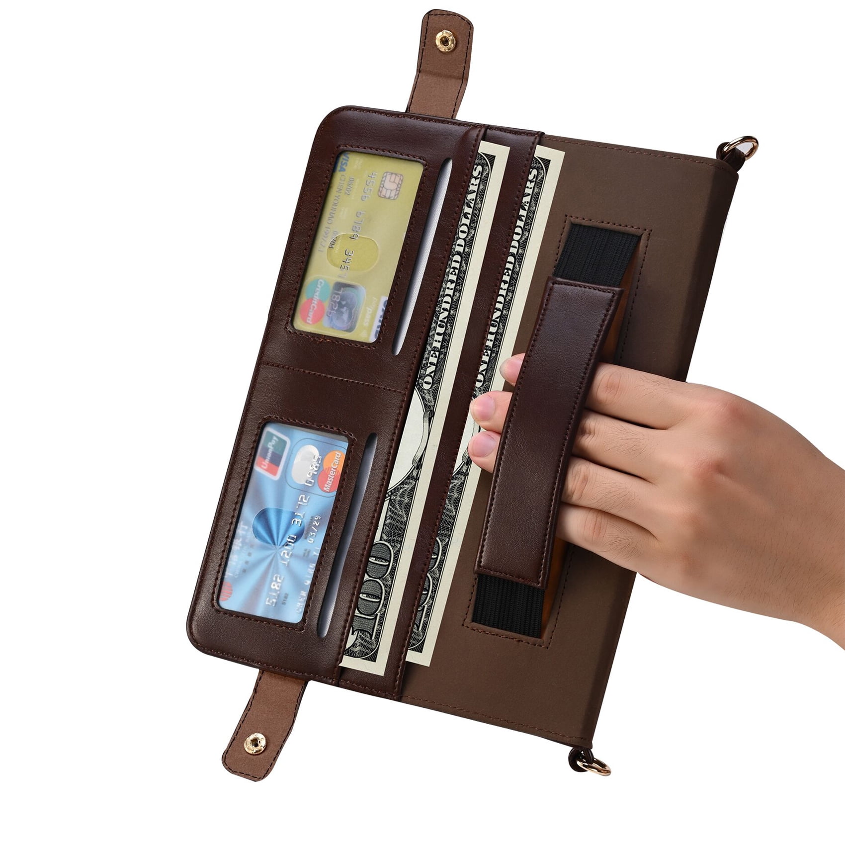 for iPad (A16) 11th Gen 2025 / iPad 10th Gen 10.9" 2022 PU Leather Case, with Pencil Holder, Money Pocket, Shoulder/Hand Strap, Card Slots Kickstand Flip Cover, Full Body Protection, Dark Coffee