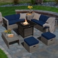 thumbnail image 2 of Patiojoy 9 Pieces Outdoor Patio Furniture Set with 32-Inch Propane Fire Pit Table Outdoor PE Wicker Space-Saving Sectional Sofa Set with Storage Box and Cushions Navy, 2 of 9