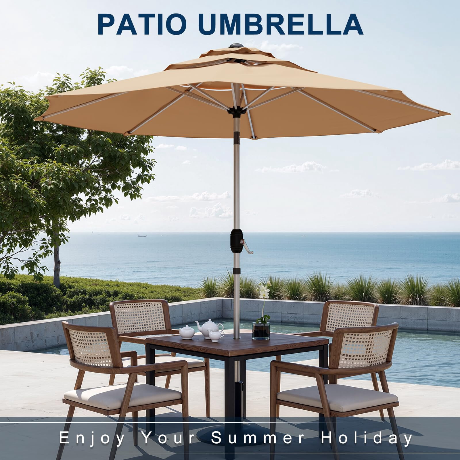 9FT 3-Tier Aluminum Outdoor Patio Umbrella, Fade-Resistant Market Umbrella with Push Button Tilt Function, 8 Sturdy All-Aluminum Ribs for Gardens, Patios, Backyards & Pools (Beige)