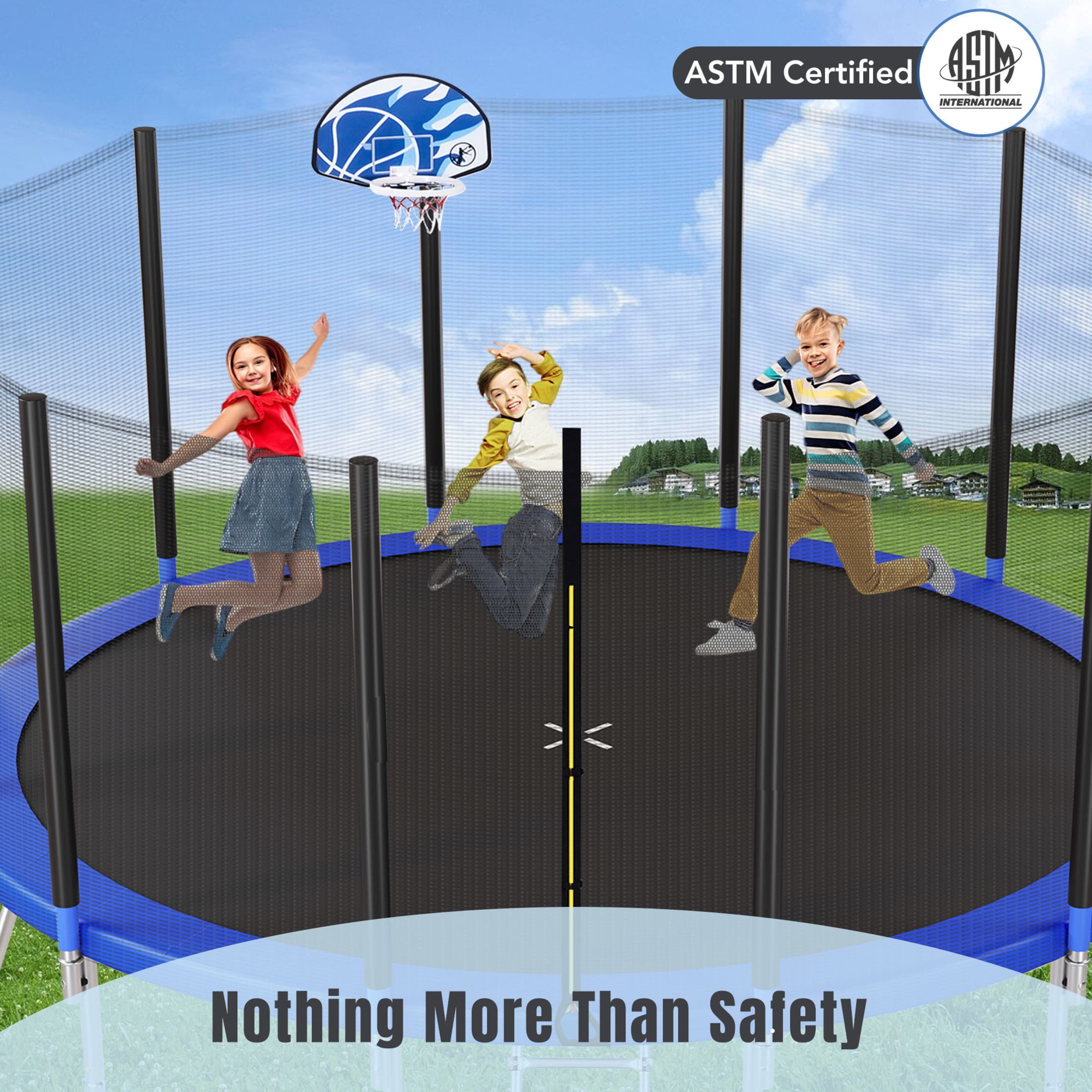 Noble House 16FT Outdoor Trampoline for Kids with Safety Net, Basketball Hoop and Ladder, Blue Metal Frame