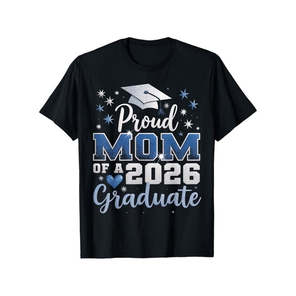 Proud Mom of a 2026 Graduate T-Shirt Class of 2026 Senior Graduation Gift for Mother Retro Blue Glitter Style Tee