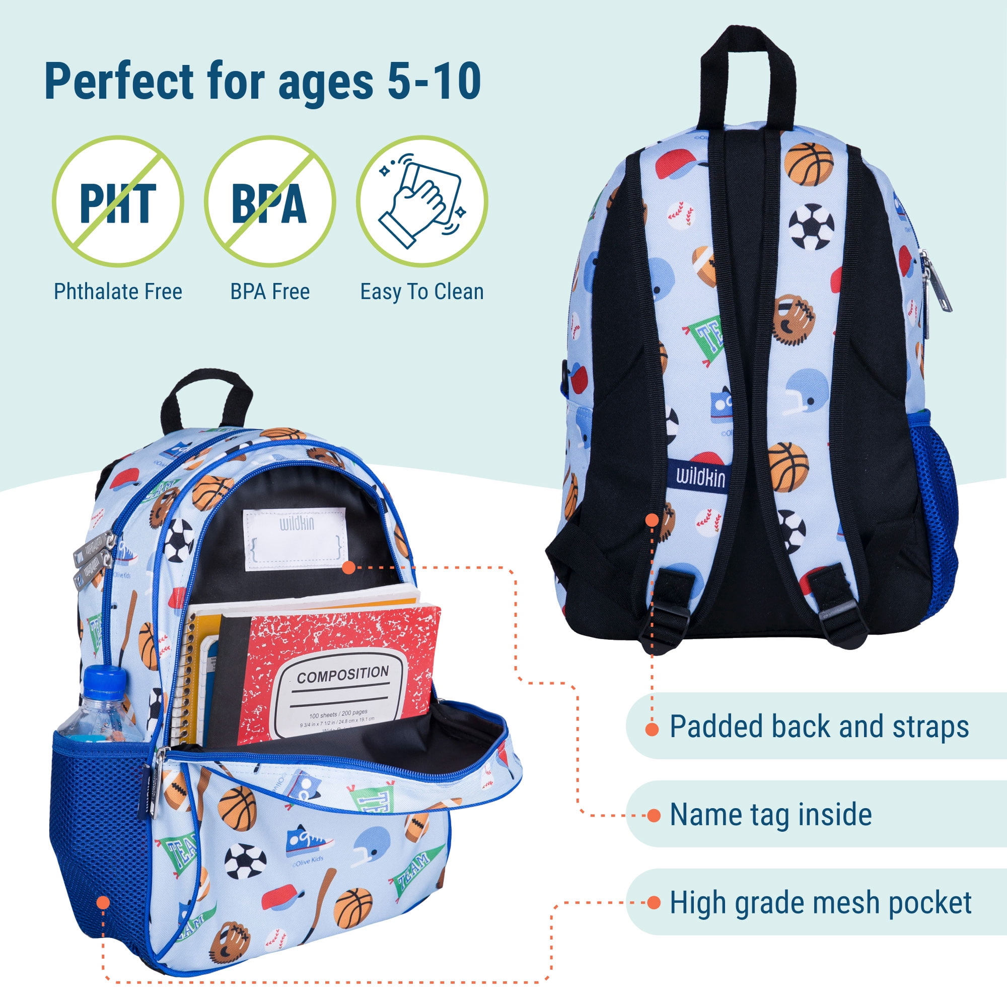 Wildkin Kids 15 Inch School and Travel Backpack for Boys and Girls (Game On Blue)