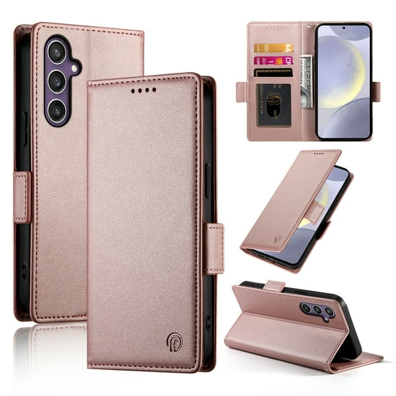 Allytechgroup Wallet Case for Samsung Galaxy S22 Plus, Premium PU Leather Cards Slots Shockproof Flip Cover Stand Feature Magnetic Closure Retro Business Style Case Cover for Galaxy S22 Plus, Rosegold