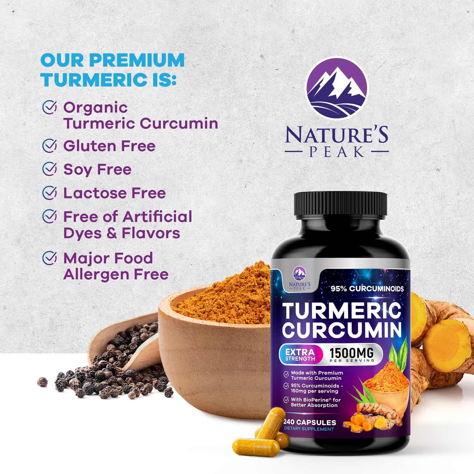 Turmeric Curcumin Supplement - 95% Curcuminoids with Organic Turmeric & Ginger, BioPerine Black Pepper Extract for Best Absorption, Natural Vegan Joint Support, Non-GMO, Bottled in USA - 240 Capsules