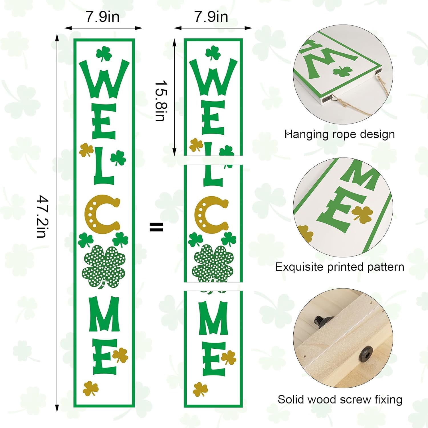 St Patricks Day Porch Sign, 47"H Wooden Saint Patrick's Tall Leaner Vertical Welcome Sign for Front Door Standing Decor, Irish March Outdoor Yard Decorations for Home