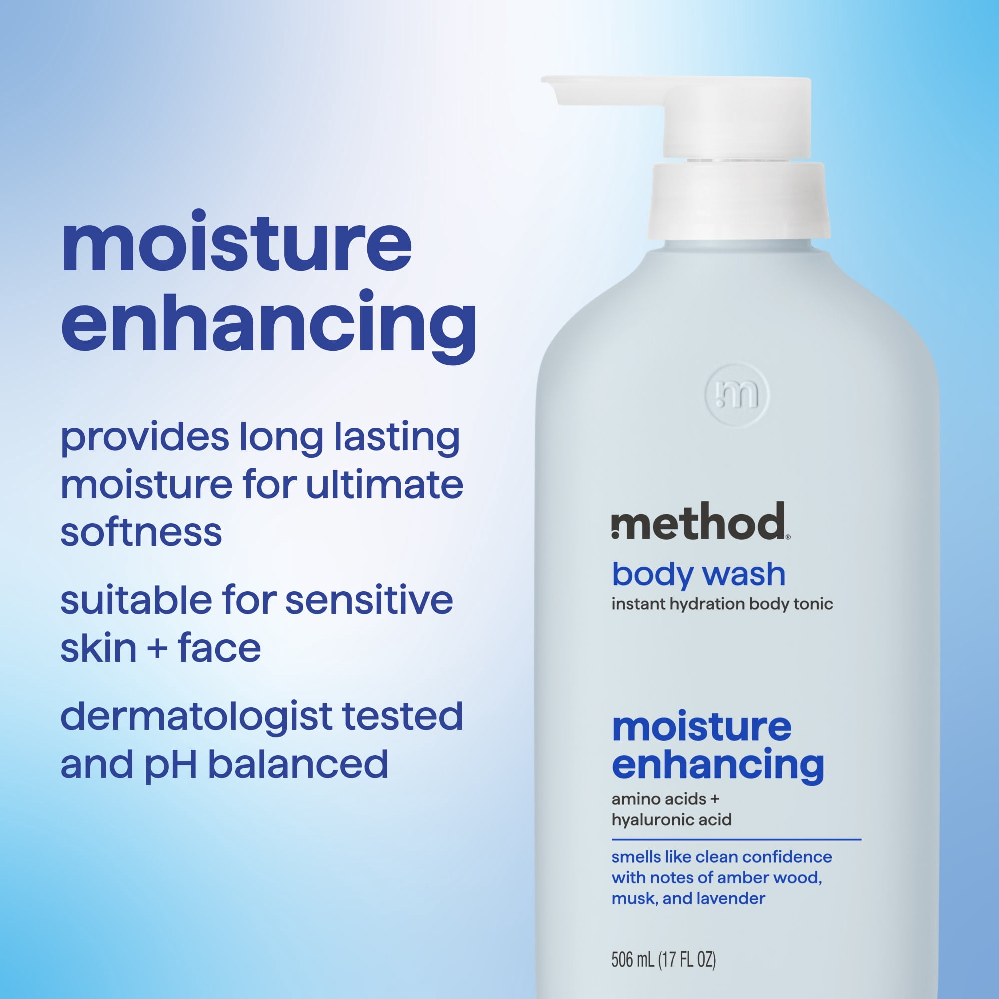 method body wash tonic, moisture enhancing, amino acids + hyaluronic acid - amber wood, musk, and lavender​, 17 fl oz