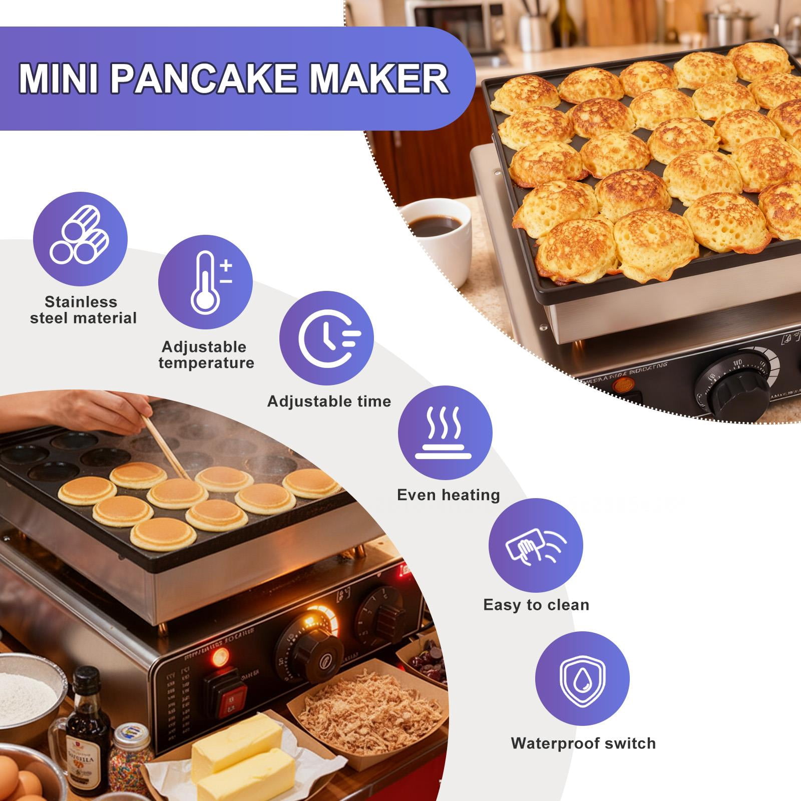 QUHEE Mini Pancake Maker, 25PCS Dutch Muffin Waffle Baker, Non-stick Stainless Steel Grill, Temp & Time Control, for Kitchen and Restaurant