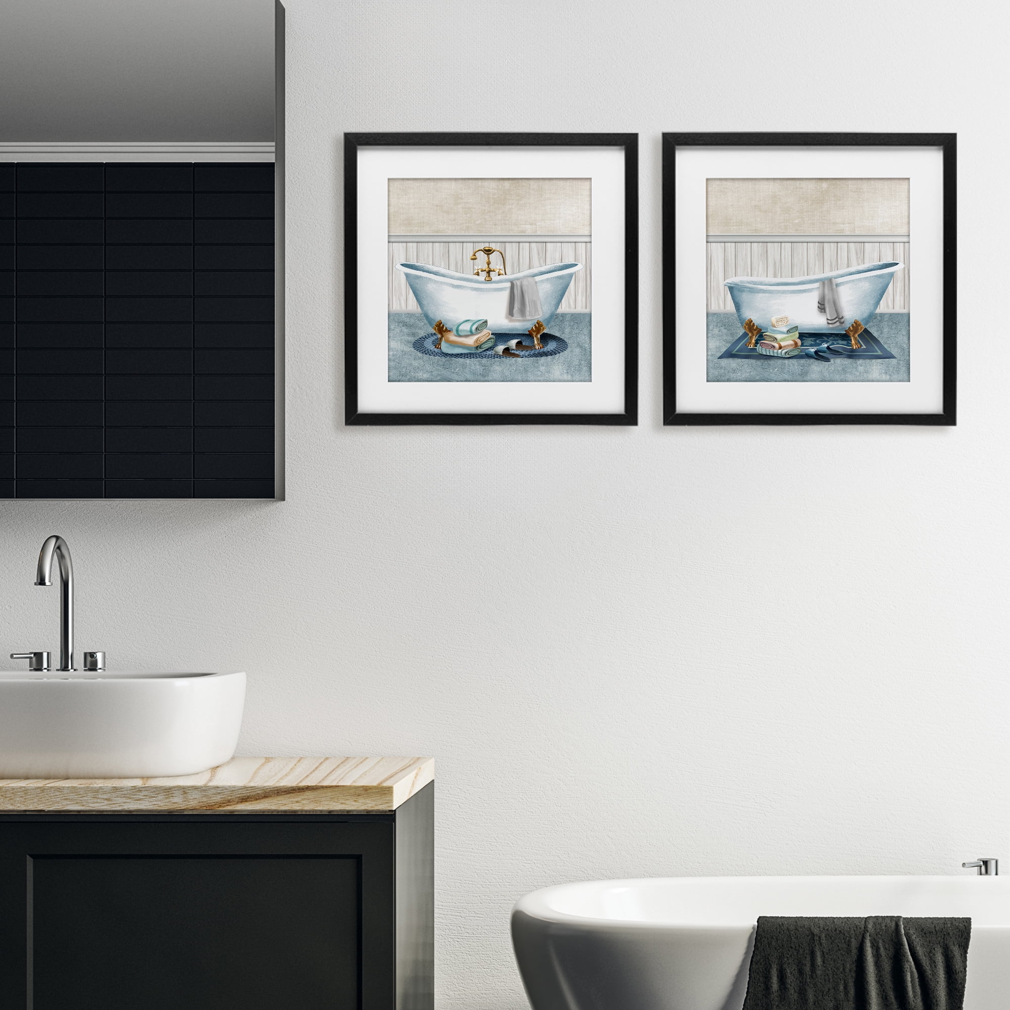 Stupell Industries Cozy Bathtub & Slippers 2 Piece Black Framed Print Under Glass Set, design by Conrad Knutsen