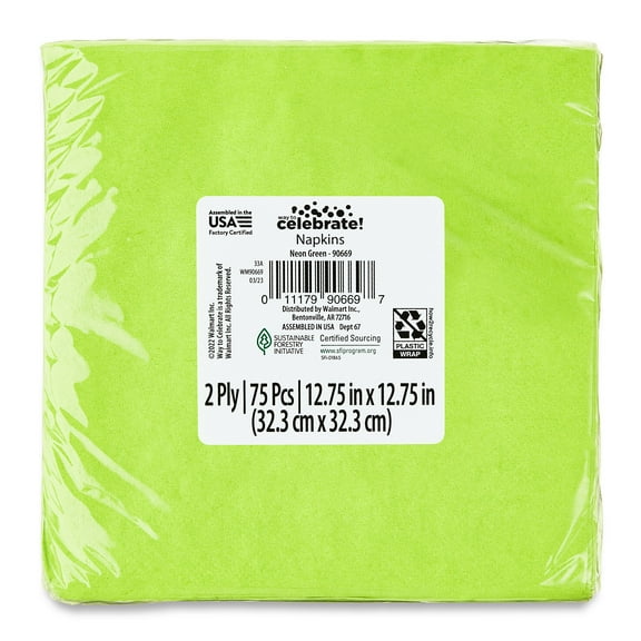 6.5" x 6.5" Disposable Neon Green Paper Napkins, 75 Count, by Way To Celebrate