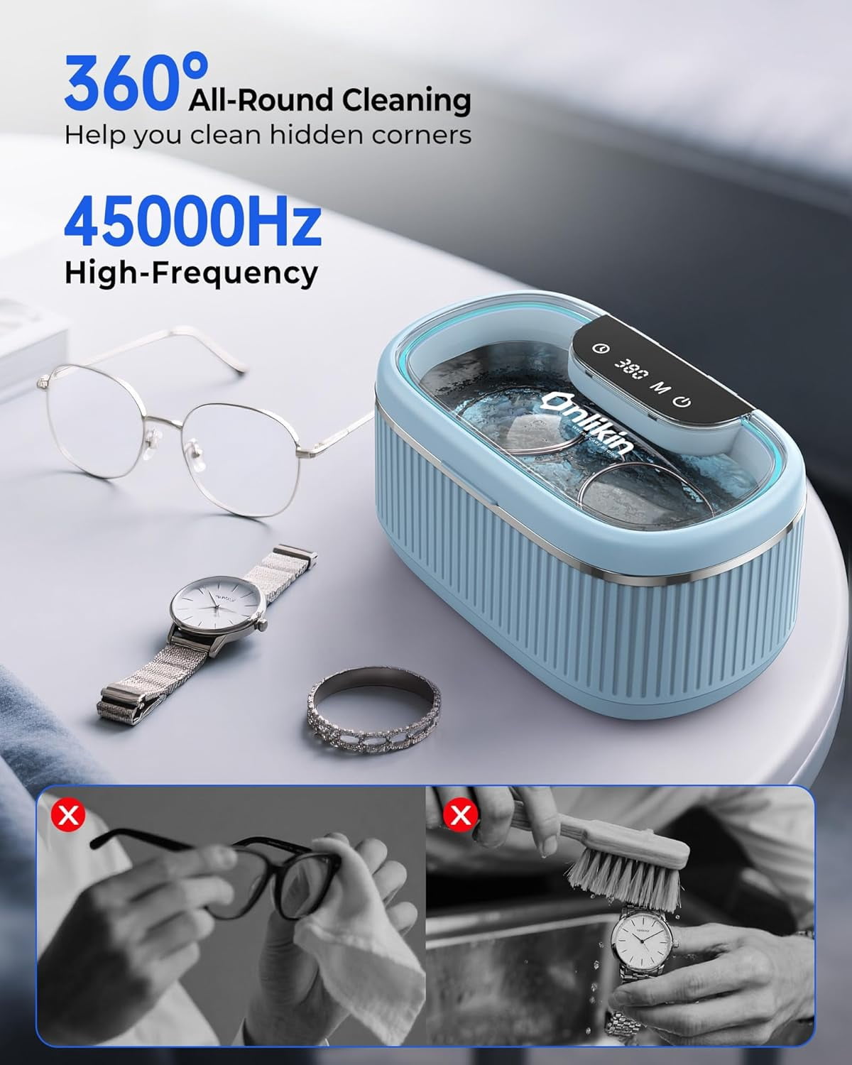 Ultrasonic Jewelry Cleaner 35W 45KHz – for Retainers, Eyeglasses & Dentures, 20oz 304SS Tank, 5 Timer Modes (Blue)