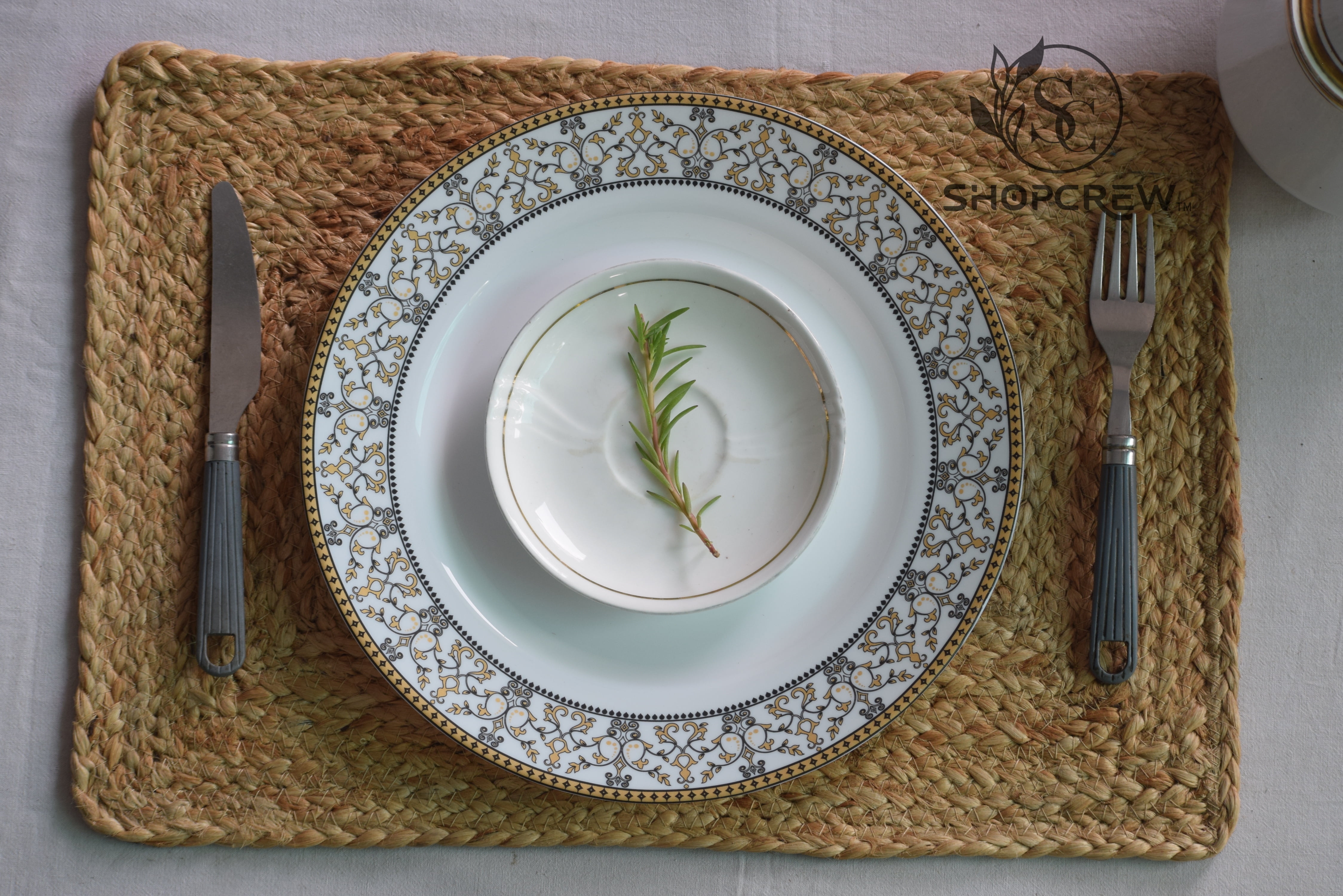 SHOPCREW Set of 2 Braided Jute Placemat - 12" x 17" - Beige Jute Table Place Mat- 100% Jute Heat Resistance Placemats Home Kitchen Dining Table Decor