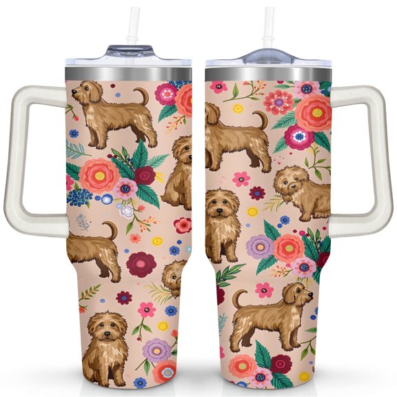 Teddy Puppies and Colorful Flowers 40 Oz Tumbler with Handle Lid and Straw, Stainless Steel Double Walled Vacuum Insulated Cup, Cute Birthday Gifts Tumbler for Women Men Friends
