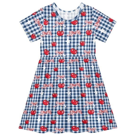 joogoo Cherry Bows Checkered Girls' Short Sleeve Dress Kids Dresses 5-6T