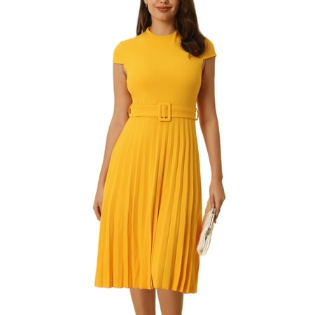 Hobemty Women s Pleated Dress Mock Neck Cap Sleeve Belted A-Line Dresses M Yellow