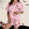 thumbnail image 2 of SwiftWear Spooky & Sweet Halloween Pajama Set for Women - Short Sleeve Sleepwear & Lounge Set, Ghost Bat Pumpkin Print Top with Shorts Pink, 2 of 8